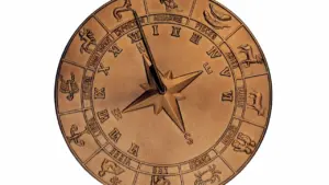 Bronzas krāsas zodiaka aplis ar astroloģiskajām zīmēm uz balta fona