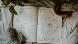 Atvērta grāmata ar astroloģisku zīmējumu uz mīksta pārklāja un kristālu.