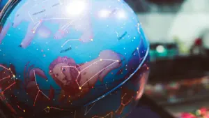 Zila debess globusa attēls ar redzamām zodiaka zīmēm un zvaigznājiem astroloģijas rakstam.